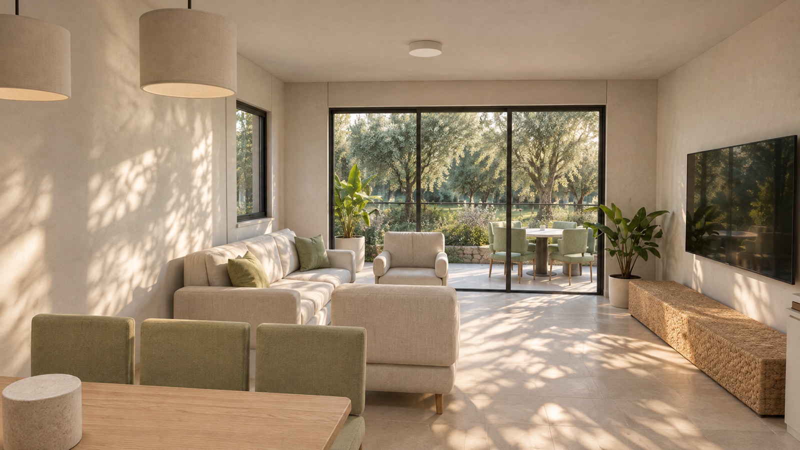 A living room from a Keyframe model: the model's own render, and the photographic still made from it